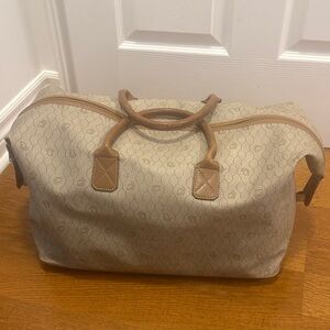 Vintage Dior Beige Canvas Travel Duffel Bag with Tan Leather Trim
